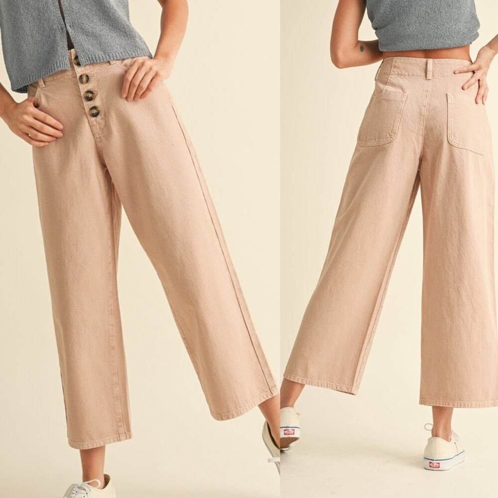 Miou Muse High Rise Wide Leg Crop Pants Blush Button Fly Cotton Twill Sz S